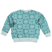 Cyan Palaka Quilt Hawaii Kid Ugly Christmas Sweater Hawaiian Tropical Monstera Sea Turtle LT14 - Polynesian Pride