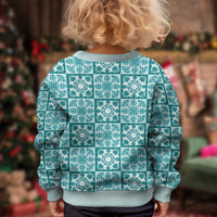 Cyan Palaka Quilt Hawaii Kid Ugly Christmas Sweater Hawaiian Tropical Monstera Sea Turtle LT14 - Polynesian Pride