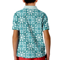 Cyan Palaka Quilt Hawaii Kid Polo Shirt Hawaiian Tropical Monstera Sea Turtle