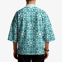 Cyan Palaka Quilt Hawaii Kimono Hawaiian Tropical Monstera Sea Turtle