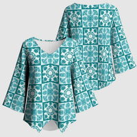 Cyan Palaka Quilt Hawaii Kimono Sleeve Blouse Hawaiian Tropical Monstera Sea Turtle