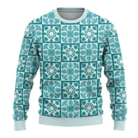 Cyan Palaka Quilt Hawaii Ugly Christmas Sweater Hawaiian Tropical Monstera Sea Turtle LT14 - Polynesian Pride