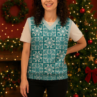 Cyan Palaka Quilt Hawaii Christmas Knitted V-Neck Vest Hawaiian Tropical Monstera Sea Turtle LT14 - Polynesian Pride