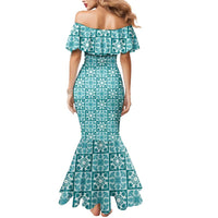 Cyan Palaka Quilt Hawaii Mermaid Dress Hawaiian Tropical Monstera Sea Turtle