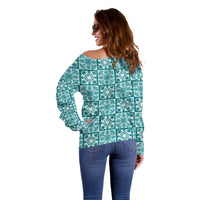 Cyan Palaka Quilt Hawaii Off Shoulder Sweater Hawaiian Tropical Monstera Sea Turtle