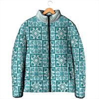 Cyan Palaka Quilt Hawaii Padded Jacket Hawaiian Tropical Monstera Sea Turtle