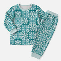 Cyan Palaka Quilt Hawaii Christmas Pajama Set Hawaiian Tropical Monstera Sea Turtle LT14 Men Cyan - Polynesian Pride