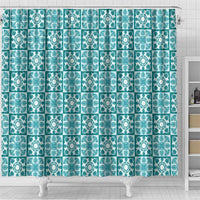 Cyan Palaka Quilt Hawaii Shower Curtain Hawaiian Tropical Monstera Sea Turtle