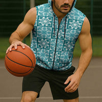 Cyan Palaka Quilt Hawaii Sleeveless Zip Hoodie Hawaiian Tropical Monstera Sea Turtle