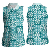 Cyan Palaka Quilt Hawaii Women Sleeveless Polo Shirt Hawaiian Tropical Monstera Sea Turtle LT14 - Polynesian Pride