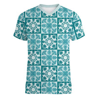 Cyan Palaka Quilt Hawaii Women V-Neck T-Shirt Hawaiian Tropical Monstera Sea Turtle LT14 Female Cyan - Polynesian Pride