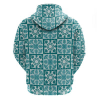 Cyan Palaka Quilt Hawaii Zip Hoodie Hawaiian Tropical Monstera Sea Turtle