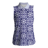 Polu Palaka Quilt Hawaii Women Sleeveless Polo Shirt Hawaiian Tropical Monstera Sea Turtle LT14 Female Blue - Polynesian Pride
