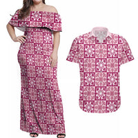 Akala Palaka Quilt Hawaii Couples Matching Off Shoulder Maxi Dress and Hawaiian Shirt Hawaiian Tropical Monstera Sea Turtle LT14 Pink - Polynesian Pride
