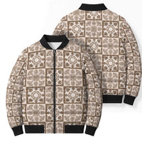 Beige Palaka Quilt Hawaii Bomber Puffer Jacket Hawaiian Tropical Monstera Sea Turtle