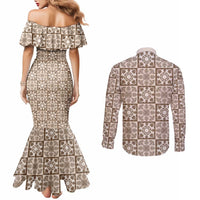 Beige Palaka Quilt Hawaii Couples Matching Mermaid Dress and Long Sleeve Button Shirt Hawaiian Tropical Monstera Sea Turtle LT14 - Polynesian Pride