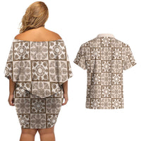 Beige Palaka Quilt Hawaii Couples Matching Off Shoulder Short Dress and Hawaiian Shirt Hawaiian Tropical Monstera Sea Turtle LT14 - Polynesian Pride