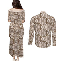 Beige Palaka Quilt Hawaii Couples Matching Puletasi and Long Sleeve Button Shirt Hawaiian Tropical Monstera Sea Turtle