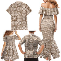 Beige Palaka Quilt Hawaii Family Matching Mermaid Dress and Hawaiian Shirt Hawaiian Tropical Monstera Sea Turtle LT14 - Polynesian Pride