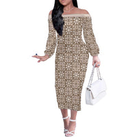Beige Palaka Quilt Hawaii Family Matching Off The Shoulder Long Sleeve Dress and Hawaiian Shirt Hawaiian Tropical Monstera Sea Turtle LT14 Mom's Dress Beige - Polynesian Pride