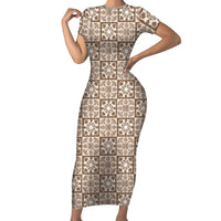 Beige Palaka Quilt Hawaii Family Matching Short Sleeve Bodycon Dress and Hawaiian Shirt Hawaiian Tropical Monstera Sea Turtle LT14 Mom's Dress Beige - Polynesian Pride