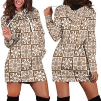 Beige Palaka Quilt Hawaii Hoodie Dress Hawaiian Tropical Monstera Sea Turtle