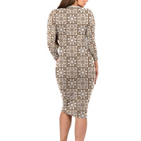 Beige Palaka Quilt Hawaii Long Sleeve Bodycon Dress Hawaiian Tropical Monstera Sea Turtle