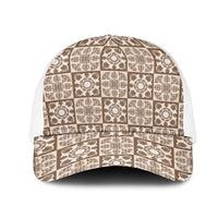 Beige Palaka Quilt Hawaii Mesh Trucker Cap Hawaiian Tropical Monstera Sea Turtle