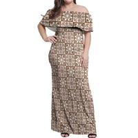 Beige Palaka Quilt Hawaii Off Shoulder Maxi Dress Hawaiian Tropical Monstera Sea Turtle