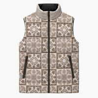 Beige Palaka Quilt Hawaii Sleeveless Puffer Jacket Hawaiian Tropical Monstera Sea Turtle