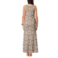 Beige Palaka Quilt Hawaii Tank Maxi Dress Hawaiian Tropical Monstera Sea Turtle