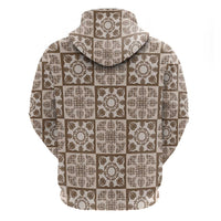 Beige Palaka Quilt Hawaii Zip Hoodie Hawaiian Tropical Monstera Sea Turtle