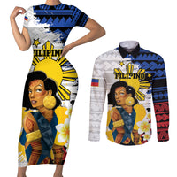 Personalised Philippines Women's Day Couples Matching Short Sleeve Bodycon Dress and Long Sleeve Button Shirt Filipino Golden Sun With Polynesian Pattern LT14 Red - Polynesian Pride