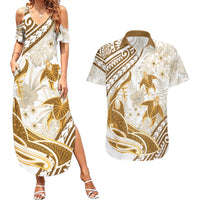 Gold Polynesia Couples Matching Summer Maxi Dress and Hawaiian Shirt Polynesian Turtle Shark Tattoo Tropical Vintage LT14 Gold - Polynesian Pride