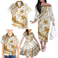 Gold Polynesia Family Matching Off Shoulder Long Sleeve Dress and Hawaiian Shirt Polynesian Turtle Shark Tattoo Tropical Vintage LT14 - Polynesian Pride