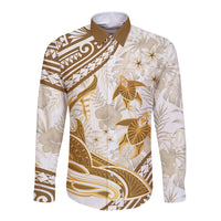 Gold Polynesia Long Sleeve Button Shirt Polynesian Turtle Shark Tattoo Tropical Vintage LT14 Unisex Gold - Polynesian Pride