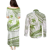 Lime Green Polynesia Couples Matching Puletasi and Long Sleeve Button Shirt Polynesian Turtle Shark Tattoo Tropical Vintage LT14 - Polynesian Pride
