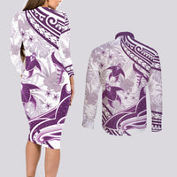 Purple Polynesia Couples Matching Long Sleeve Bodycon Dress and Long Sleeve Button Shirt Polynesian Turtle Shark Tattoo Tropical Vintage LT14 - Polynesian Pride