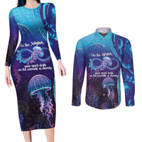 Polynesia Jellyfish Memorial Personalised Couples Matching Long Sleeve Bodycon Dress and Long Sleeve Button Shirt Infinity Jellies Polynesian Pattern
