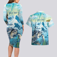 Personalized Snorkeling Hawaii Couples Matching Long Sleeve Bodycon Dress and Hawaiian Shirt Ocean Lover Hawaiian Kakau Honu Turtle