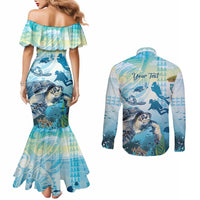 Personalized Snorkeling Hawaii Couples Matching Mermaid Dress and Long Sleeve Button Shirt Ocean Lover Hawaiian Kakau Honu Turtle