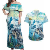 Personalized Snorkeling Hawaii Couples Matching Off Shoulder Maxi Dress and Hawaiian Shirt Ocean Lover Hawaiian Kakau Honu Turtle
