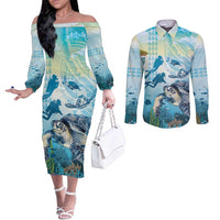 Personalized Snorkeling Hawaii Couples Matching Off The Shoulder Long Sleeve Dress and Long Sleeve Button Shirt Ocean Lover Hawaiian Kakau Honu Turtle