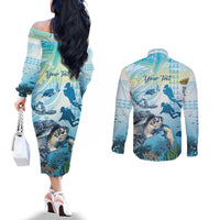 Personalized Snorkeling Hawaii Couples Matching Off The Shoulder Long Sleeve Dress and Long Sleeve Button Shirt Ocean Lover Hawaiian Kakau Honu Turtle