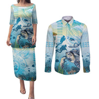 Personalized Snorkeling Hawaii Couples Matching Puletasi and Long Sleeve Button Shirt Ocean Lover Hawaiian Kakau Honu Turtle