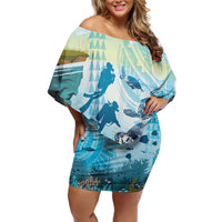 Personalized Snorkeling Hawaii Off Shoulder Short Dress Ocean Lover Hawaiian Kakau Honu Turtle