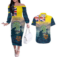 Niue ANZAC Day Couples Matching Off The Shoulder Long Sleeve Dress and Hawaiian Shirt We Will Remember Them Camouflage Style