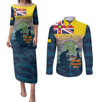 Niue ANZAC Day Couples Matching Puletasi and Long Sleeve Button Shirt We Will Remember Them Camouflage Style