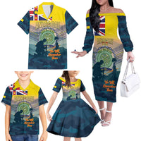 Niue ANZAC Day Family Matching Off The Shoulder Long Sleeve Dress and Hawaiian Shirt We Will Remember Them Camouflage Style