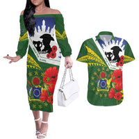 Cook Islands ANZAC Day Couples Matching Off The Shoulder Long Sleeve Dress and Hawaiian Shirt Last Post Lest We Forget